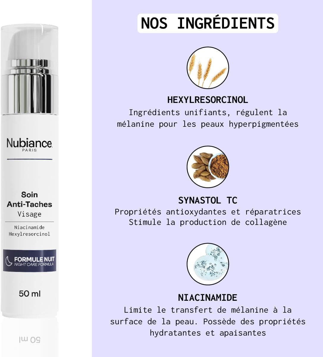 - Crème De Nuit Anti-Taches Visage – Antioxydante - Corrige Les Taches Pigmentaires Et Booste La Production De Collagène – Peaux Noires, Mates Et Métissées – 50Ml